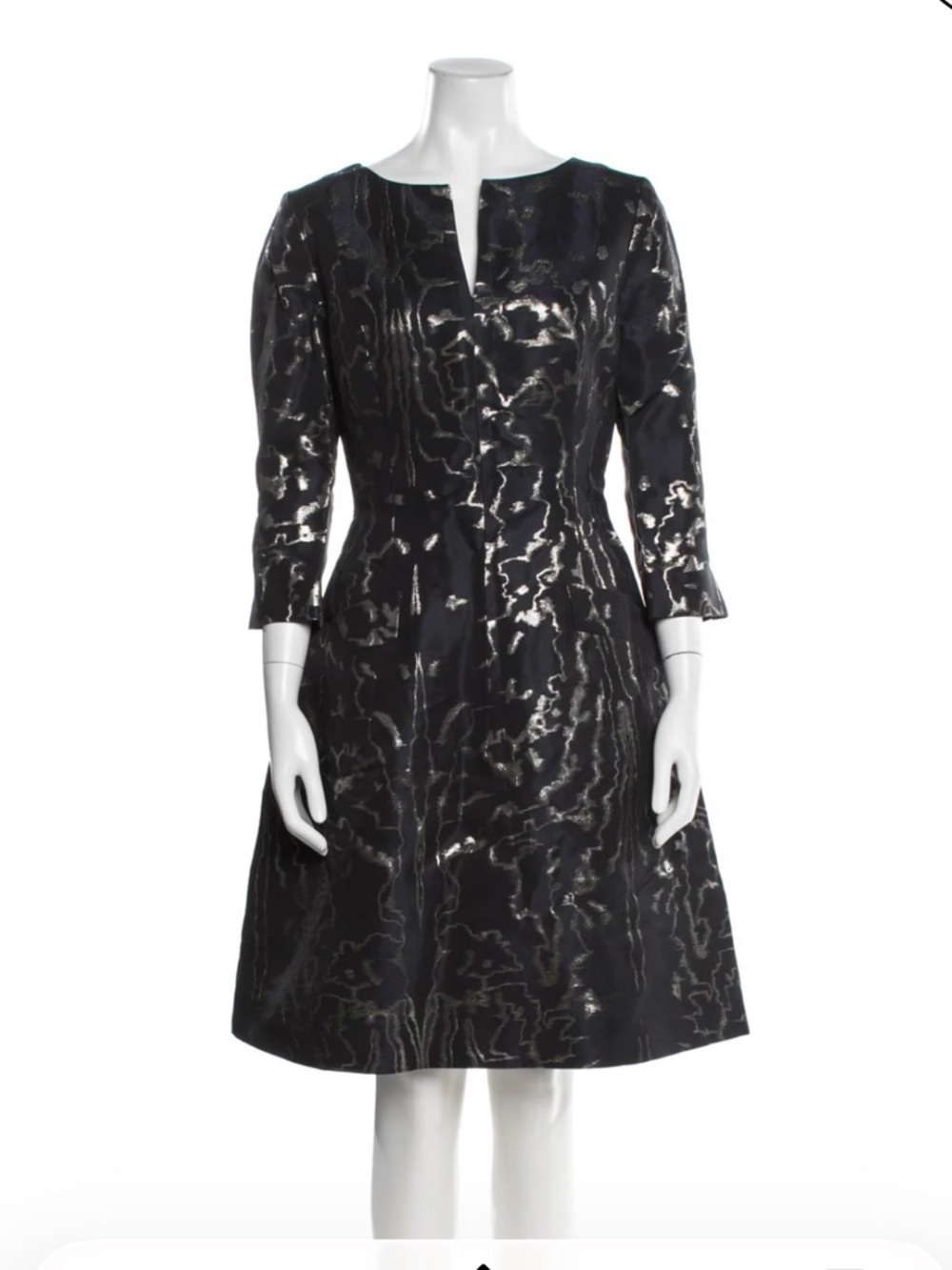 EUC OSCAR DE LA RENTA Elegant Navy and Silver Jacquard Dress Size 4